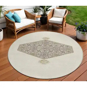 Photo of 8' Ivory Beige And Gray Round Oriental Washable Indoor Outdoor Area Rug