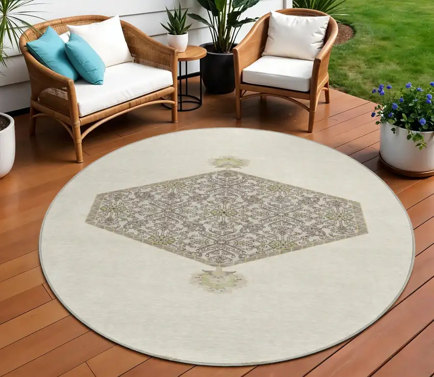 8' Ivory Beige And Gray Round Oriental Washable Indoor Outdoor Area Rug Photo 1