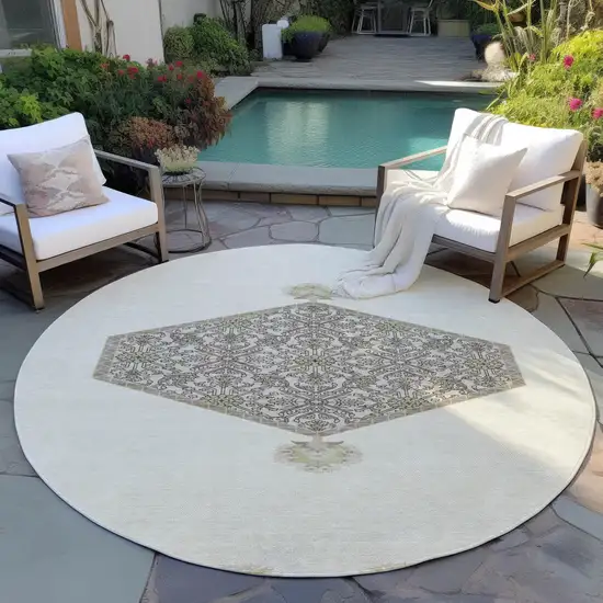 8' Ivory Beige And Gray Round Oriental Washable Indoor Outdoor Area Rug Photo 7