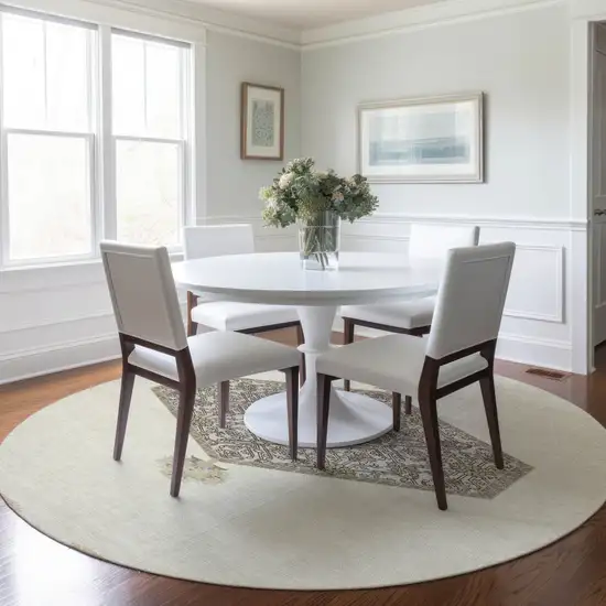8' Ivory Beige And Gray Round Oriental Washable Indoor Outdoor Area Rug Photo 8