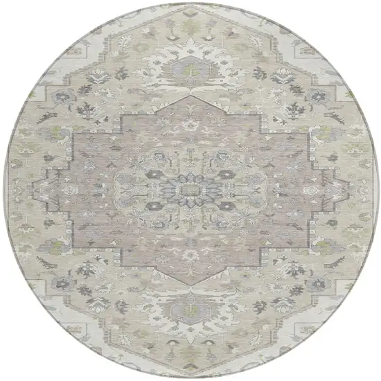 8' Ivory Beige And Gray Round Oriental Washable Indoor Outdoor Area Rug Photo 2