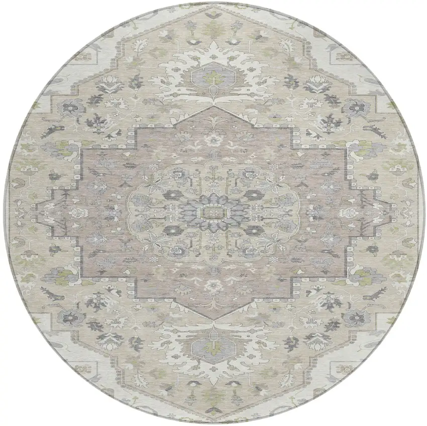 8' Ivory Beige And Gray Round Oriental Washable Indoor Outdoor Area Rug Photo 2