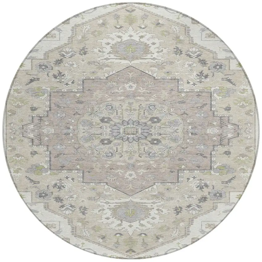 8' Ivory Beige And Gray Round Oriental Washable Indoor Outdoor Area Rug Photo 6