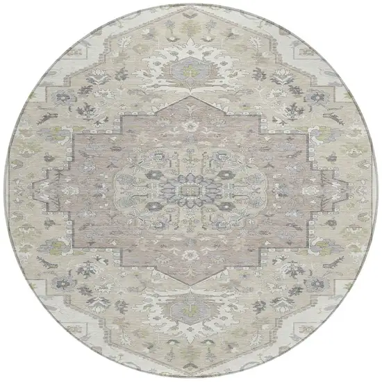 8' Ivory Beige And Gray Round Oriental Washable Indoor Outdoor Area Rug Photo 6