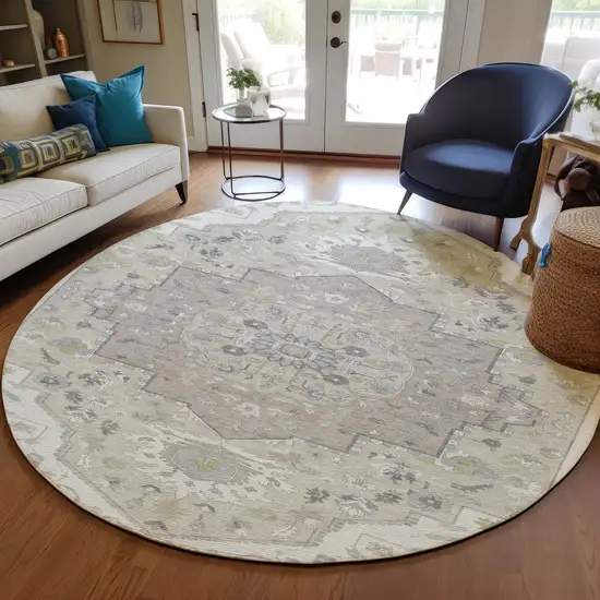 8' Ivory Beige And Gray Round Oriental Washable Indoor Outdoor Area Rug Photo 8