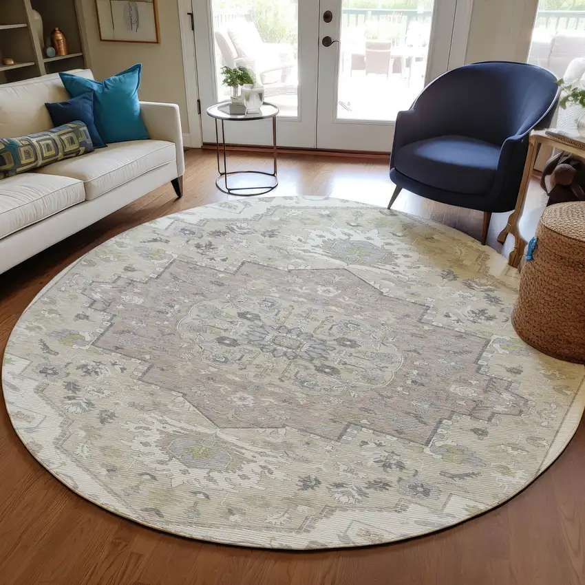 8' Ivory Beige And Gray Round Oriental Washable Indoor Outdoor Area Rug Photo 8