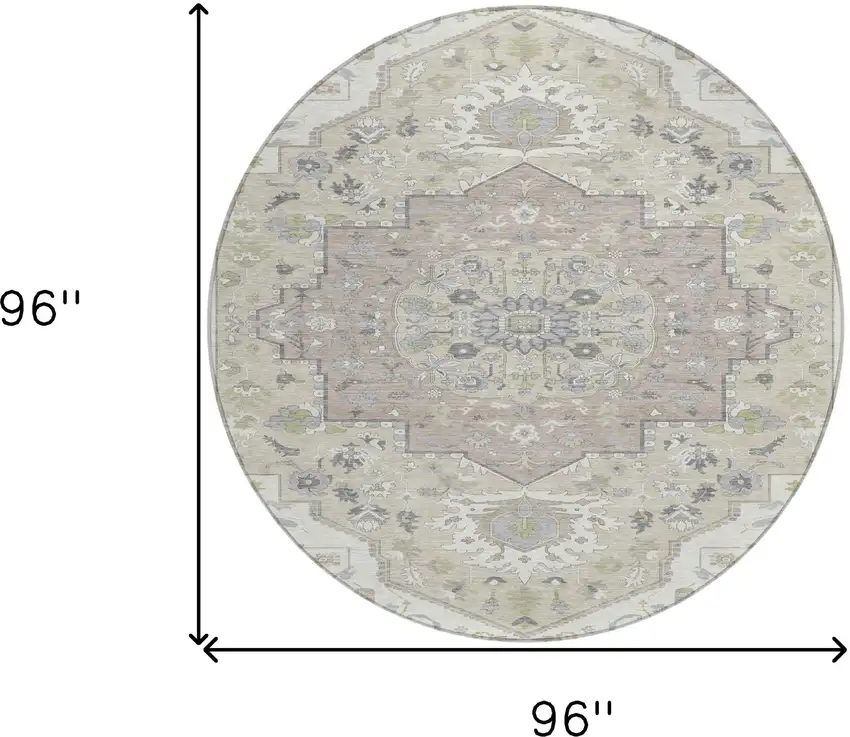 8' Ivory Beige And Gray Round Oriental Washable Indoor Outdoor Area Rug Photo 3