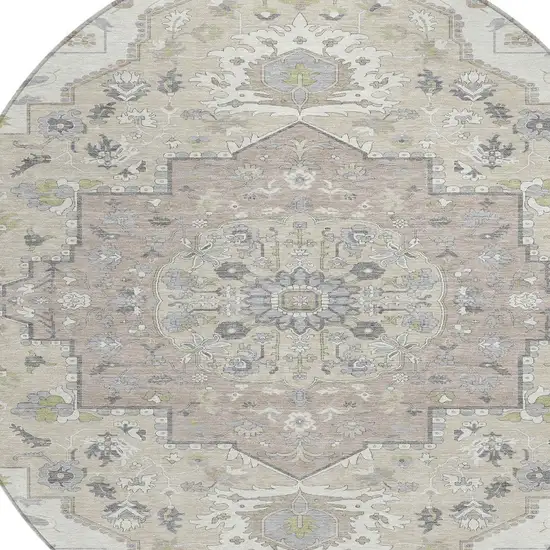 8' Ivory Beige And Gray Round Oriental Washable Indoor Outdoor Area Rug Photo 5