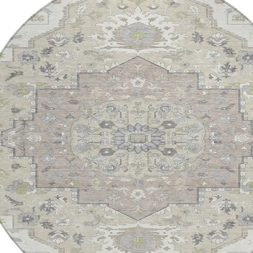 8' Ivory Beige And Gray Round Oriental Washable Indoor Outdoor Area Rug Photo 5