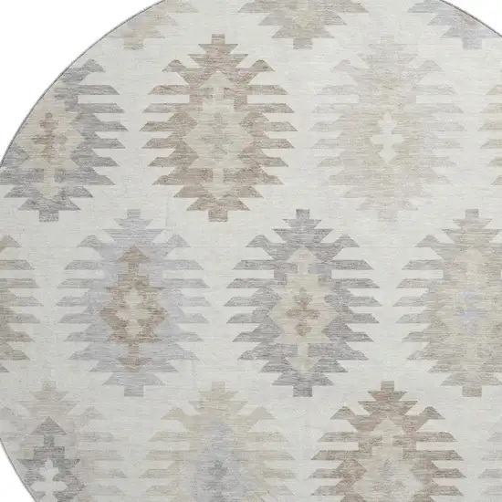 8' Ivory Beige And Gray Southwestern Washable Round Rug With UV Protection Photo 2
