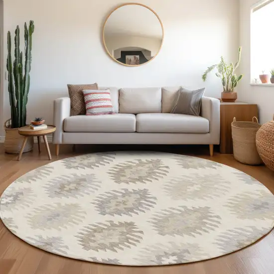 8' Ivory Beige And Gray Southwestern Washable Round Rug With UV Protection Photo 4