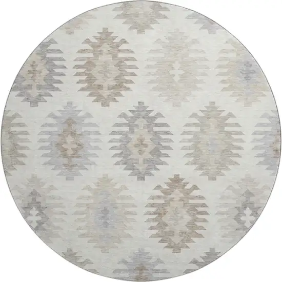 8' Ivory Beige And Gray Southwestern Washable Round Rug With UV Protection Photo 1
