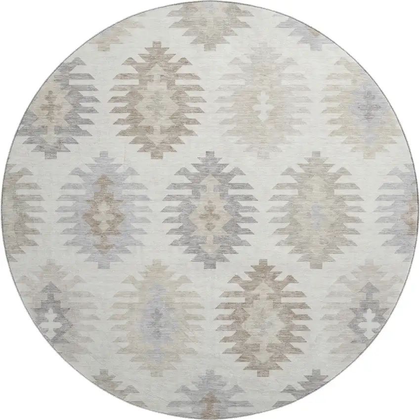 8' Ivory Beige And Gray Southwestern Washable Round Rug With UV Protection Photo 1