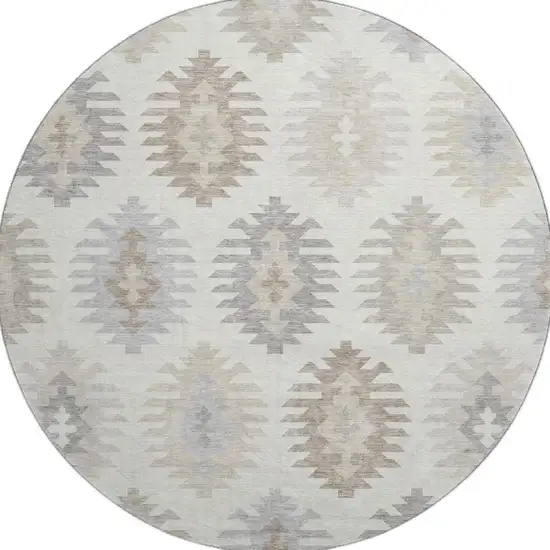 8' Ivory Beige And Gray Southwestern Washable Round Rug With UV Protection Photo 3