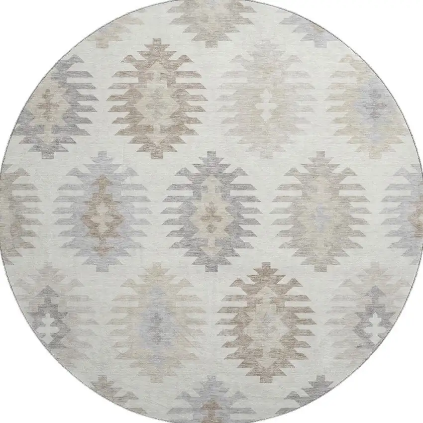 8' Ivory Beige And Gray Southwestern Washable Round Rug With UV Protection Photo 3