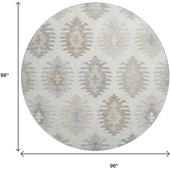 8' Ivory Beige And Gray Southwestern Washable Round Rug With UV Protection Photo 9