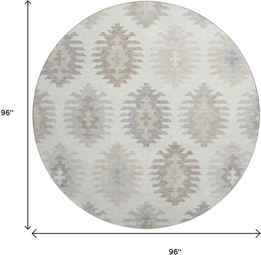 8' Ivory Beige And Gray Southwestern Washable Round Rug With UV Protection Photo 9