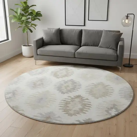 8' Ivory Beige And Gray Southwestern Washable Round Rug With UV Protection Photo 2