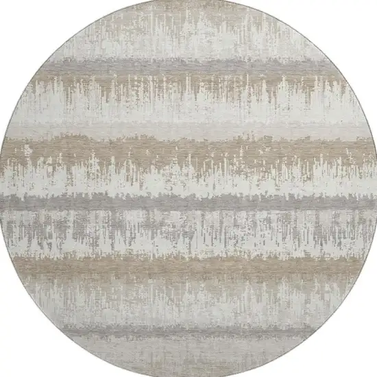 8' Ivory Beige And Gray Striped Washable Round Rug With UV Protection Photo 3