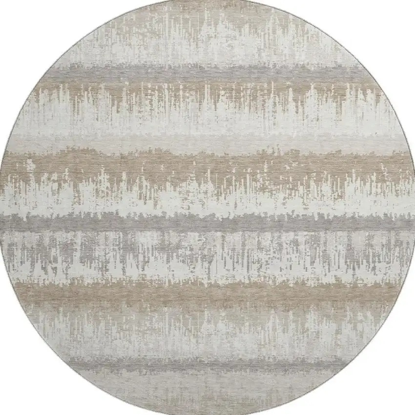 8' Ivory Beige And Gray Striped Washable Round Rug With UV Protection Photo 3