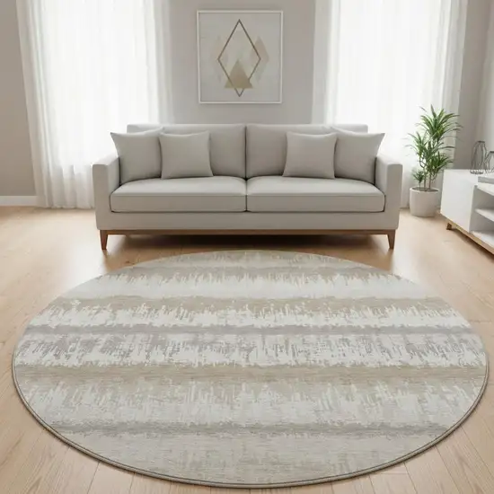 8' Ivory Beige And Gray Striped Washable Round Rug With UV Protection Photo 2