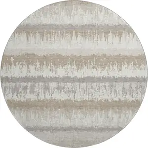 Photo of 8' Ivory Beige And Gray Striped Washable Round Rug With UV Protection