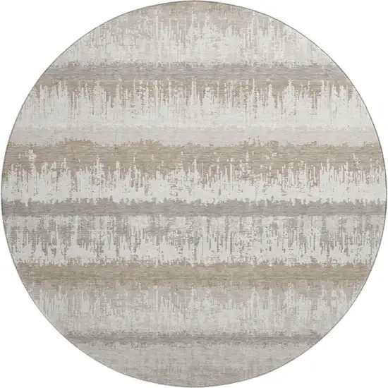 8' Ivory Beige And Gray Striped Washable Round Rug With UV Protection Photo 1