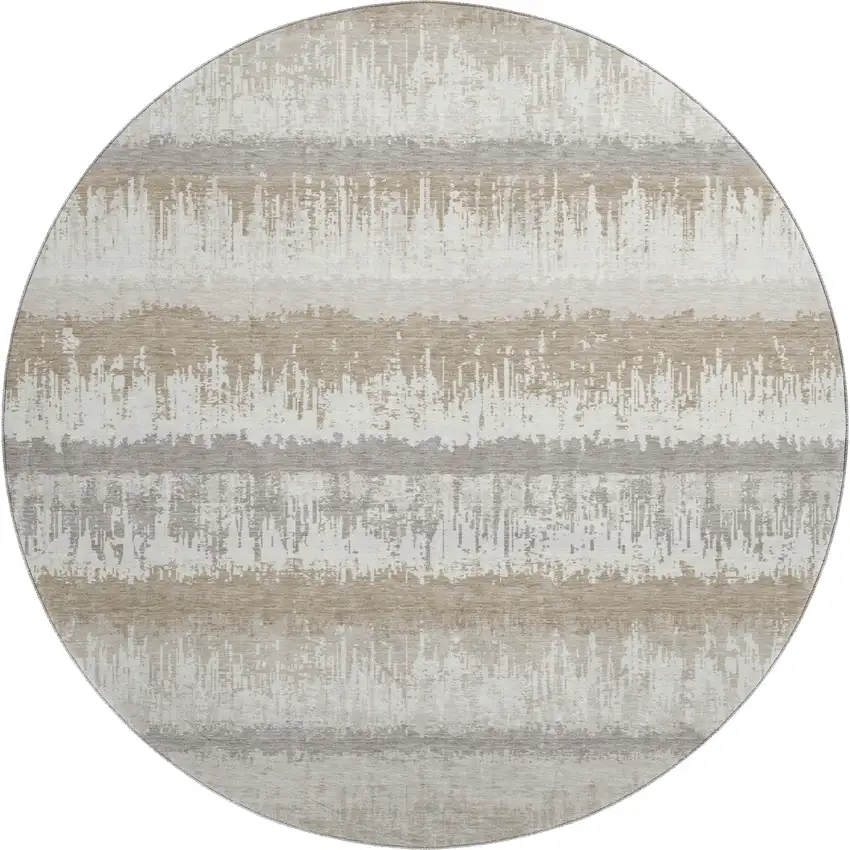 8' Ivory Beige And Gray Striped Washable Round Rug With UV Protection Photo 1