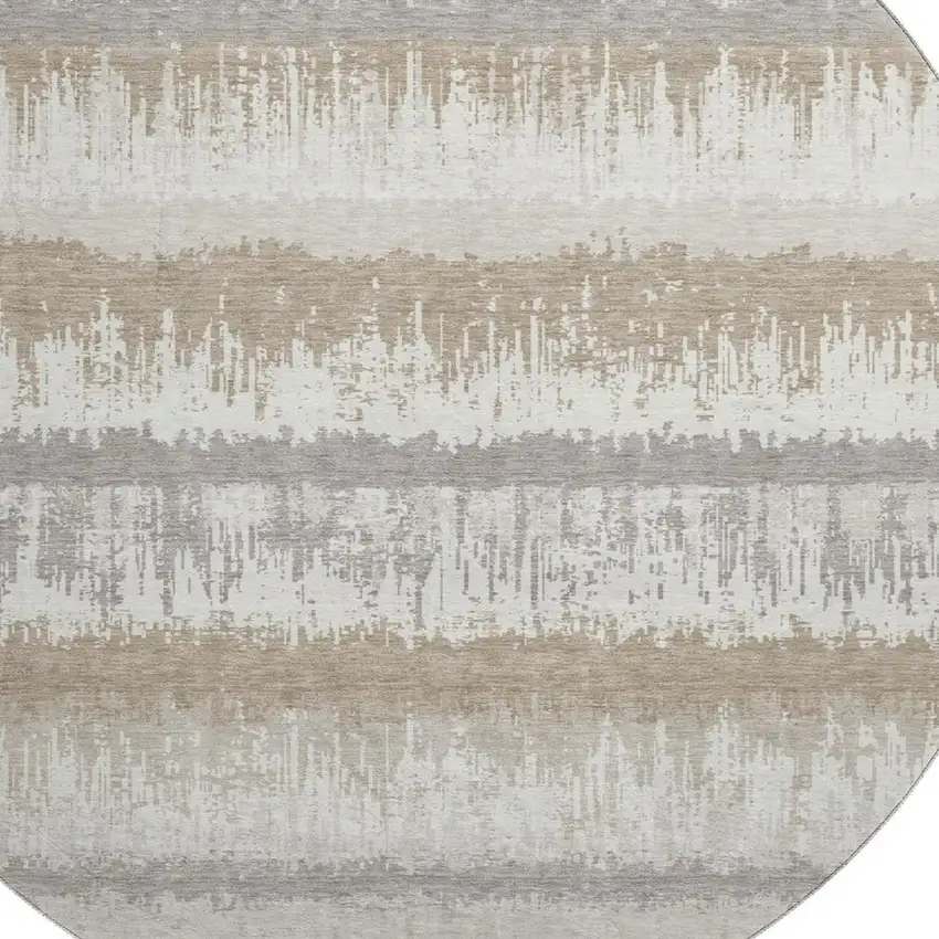 8' Ivory Beige And Gray Striped Washable Round Rug With UV Protection Photo 2
