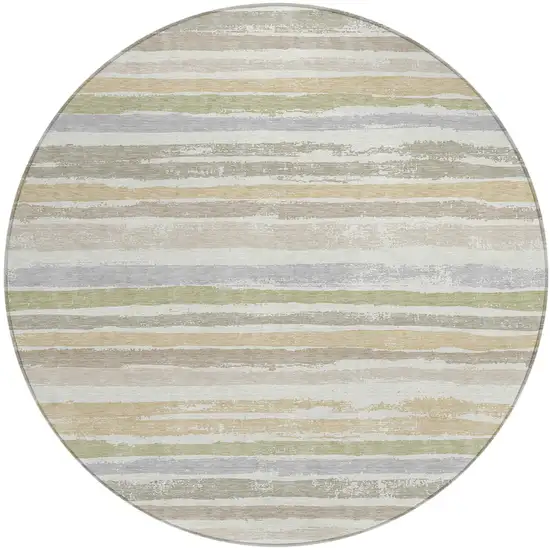 8' Ivory Beige And Green Round Striped Washable Indoor Outdoor Area Rug Photo 2
