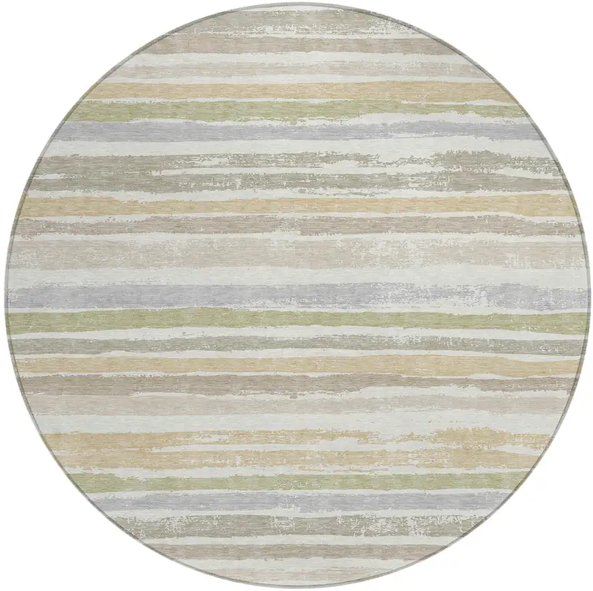 8' Ivory Beige And Green Round Striped Washable Indoor Outdoor Area Rug Photo 2