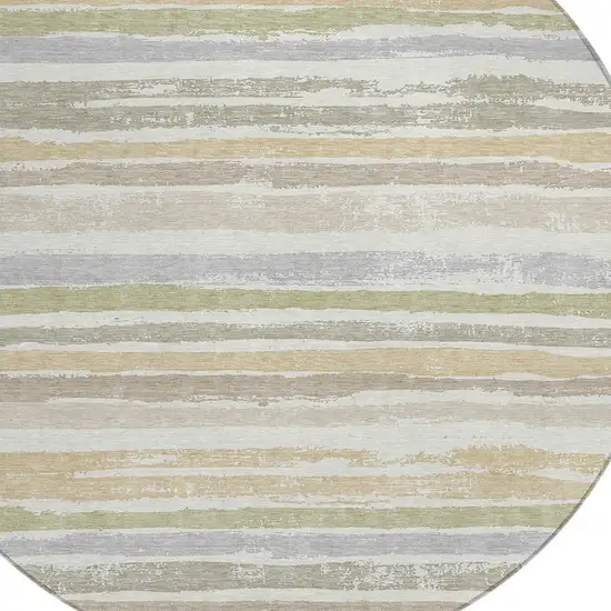 8' Ivory Beige And Green Round Striped Washable Indoor Outdoor Area Rug Photo 4