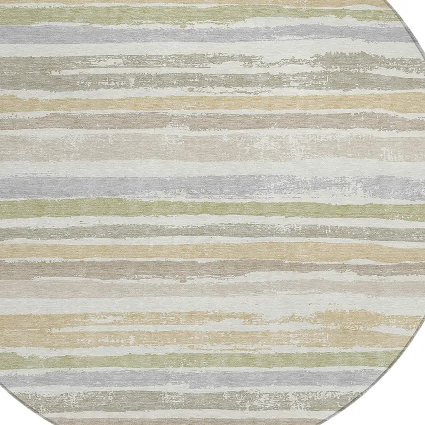 8' Ivory Beige And Green Round Striped Washable Indoor Outdoor Area Rug Photo 4