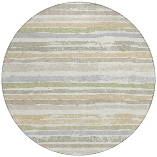 8' Ivory Beige And Green Round Striped Washable Indoor Outdoor Area Rug Photo 5
