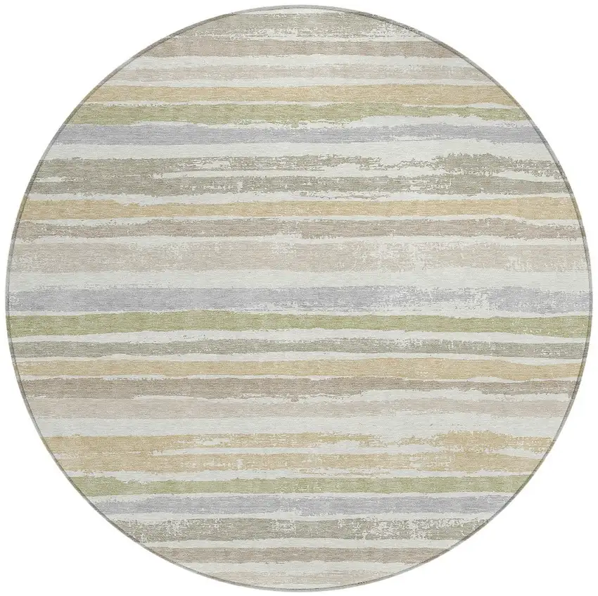 8' Ivory Beige And Green Round Striped Washable Indoor Outdoor Area Rug Photo 5