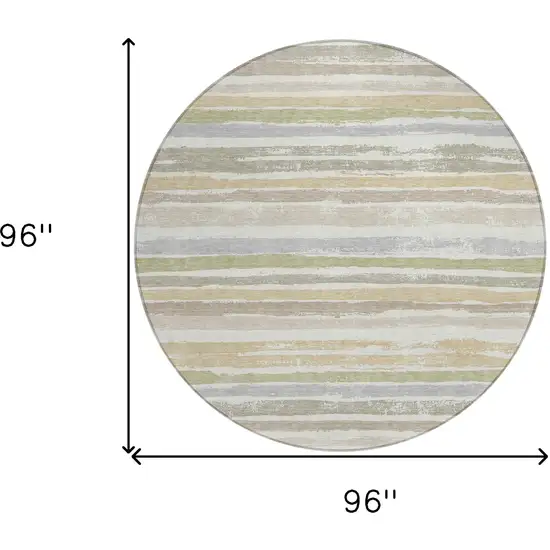 8' Ivory Beige And Green Round Striped Washable Indoor Outdoor Area Rug Photo 3