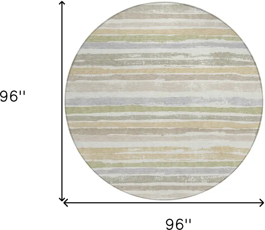 8' Ivory Beige And Green Round Striped Washable Indoor Outdoor Area Rug Photo 3