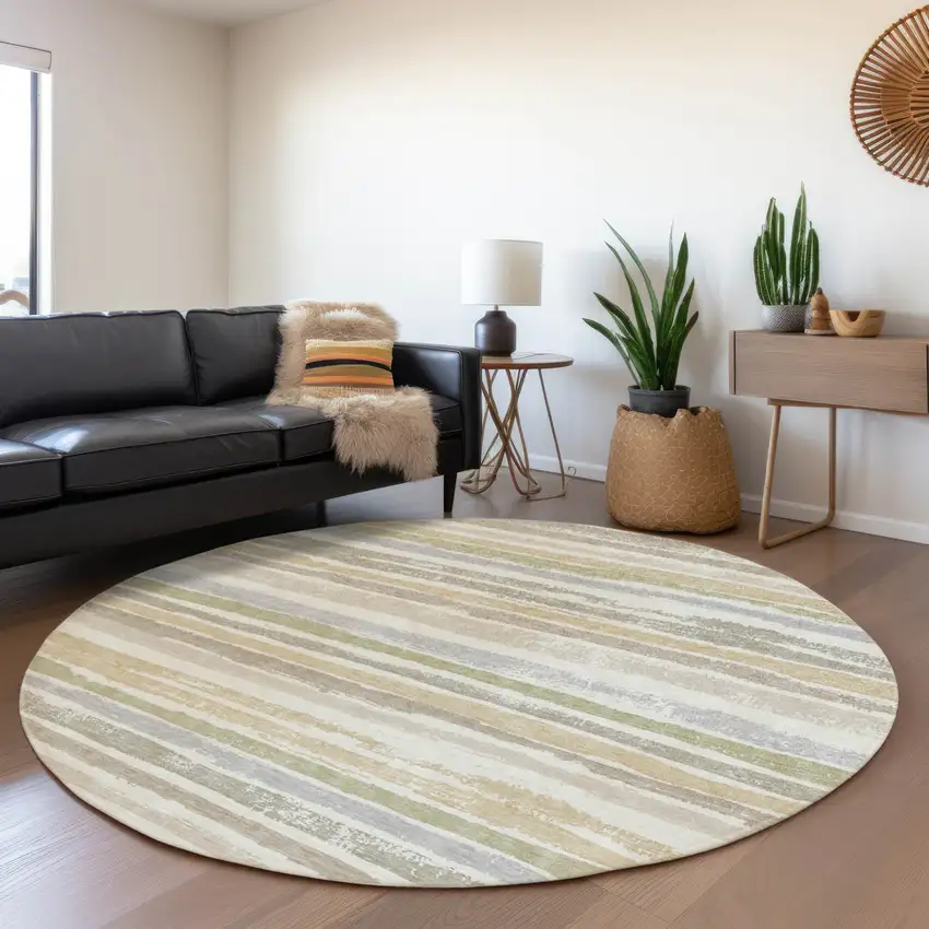 8' Ivory Beige And Green Round Striped Washable Indoor Outdoor Area Rug Photo 7