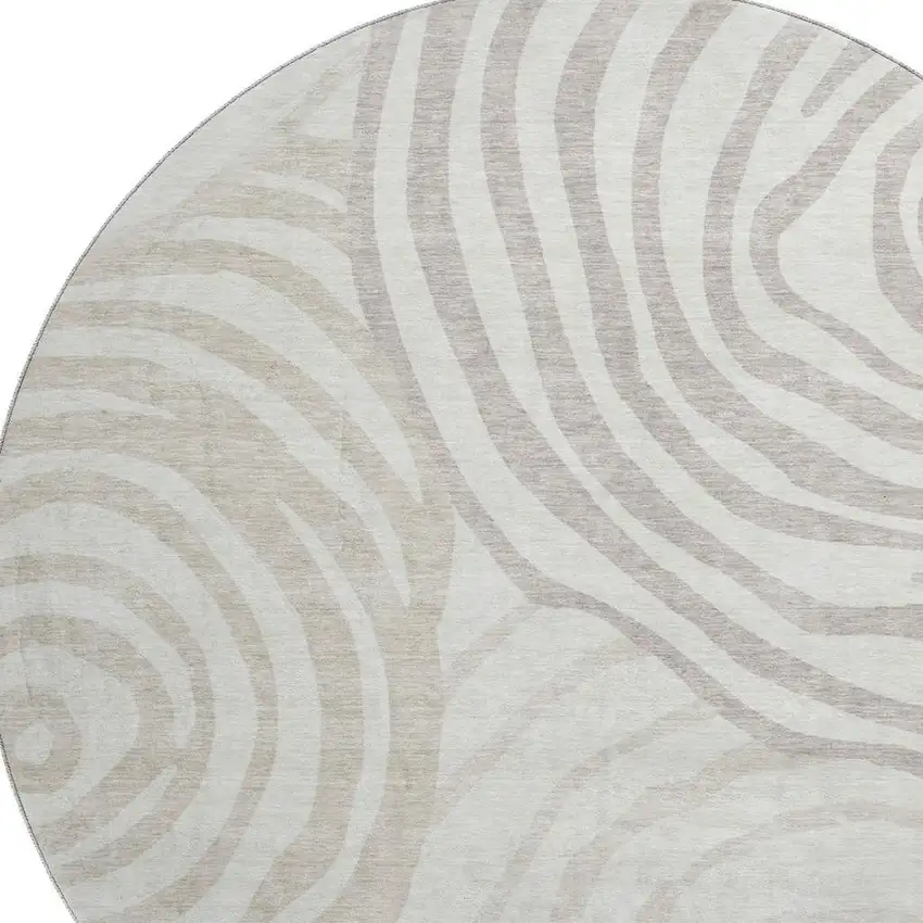 8' Ivory Beige And Khaki Abstract Washable Round Rug With UV Protection Photo 3