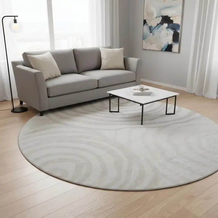 8' Ivory Beige And Khaki Abstract Washable Round Rug With UV Protection Photo 2