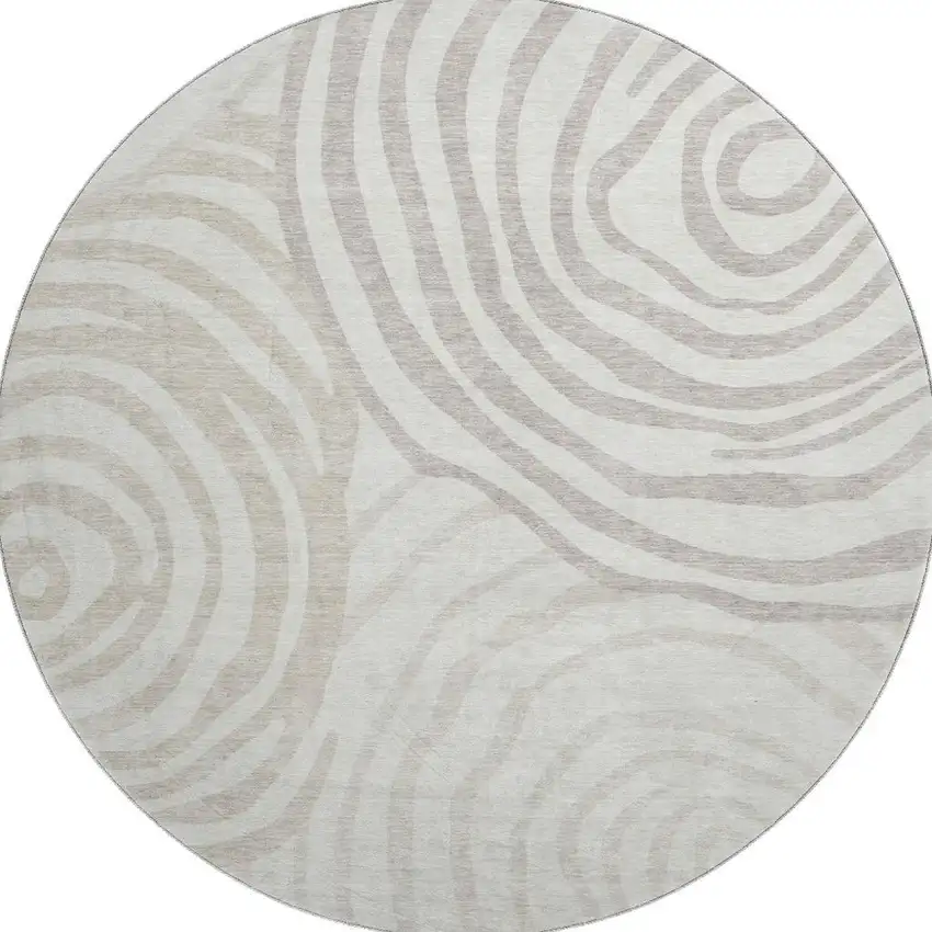 8' Ivory Beige And Khaki Abstract Washable Round Rug With UV Protection Photo 4