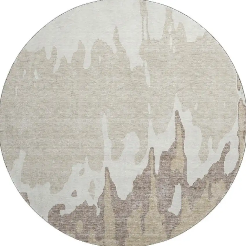 8' Ivory Beige And Khaki Abstract Washable Round Rug With UV Protection Photo 2