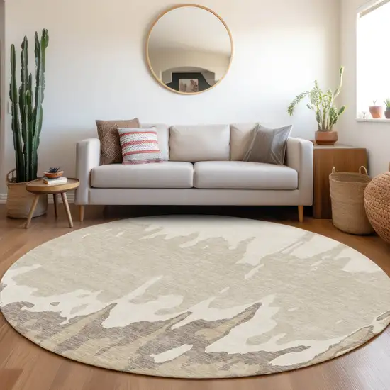 8' Ivory Beige And Khaki Abstract Washable Round Rug With UV Protection Photo 4