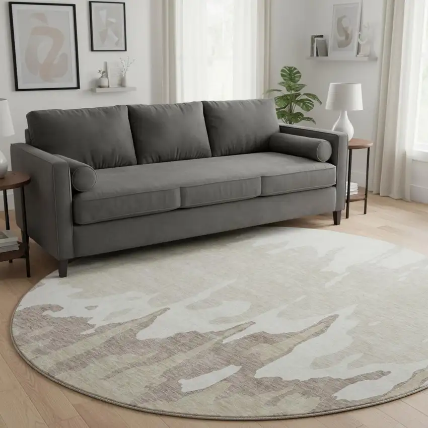 8' Ivory Beige And Khaki Abstract Washable Round Rug With UV Protection Photo 2