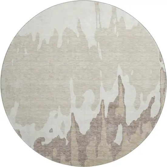 8' Ivory Beige And Khaki Abstract Washable Round Rug With UV Protection Photo 1