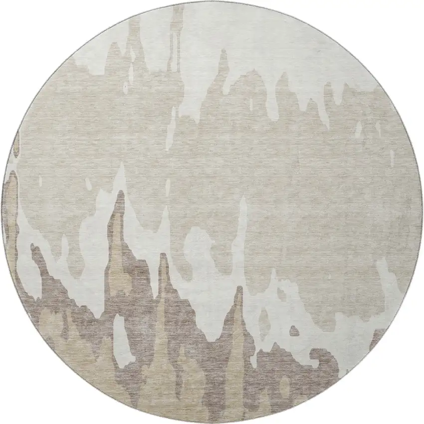 8' Ivory Beige And Khaki Abstract Washable Round Rug With UV Protection Photo 3