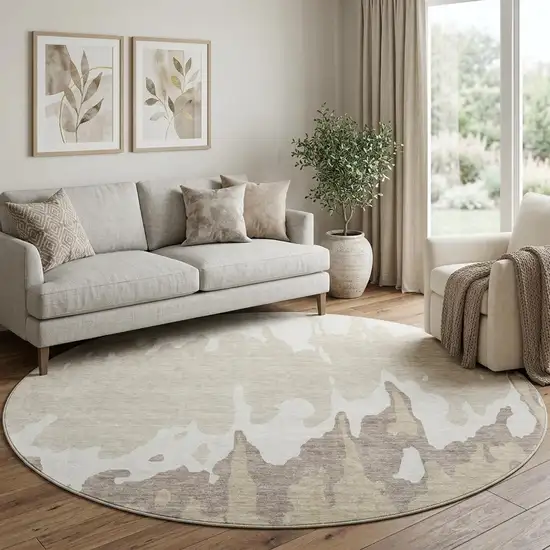 8' Ivory Beige And Khaki Abstract Washable Round Rug With UV Protection Photo 1