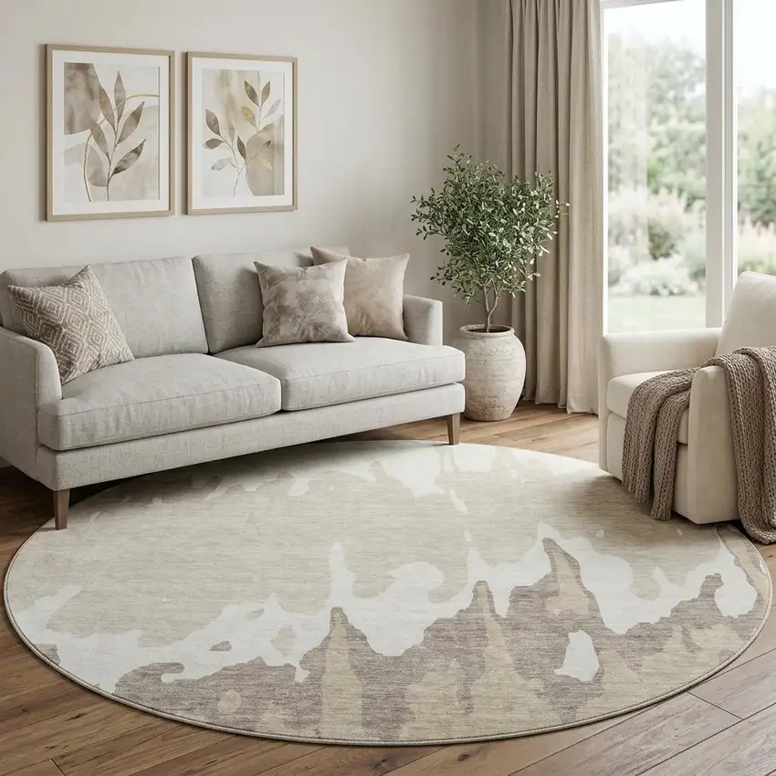 8' Ivory Beige And Khaki Abstract Washable Round Rug With UV Protection Photo 1