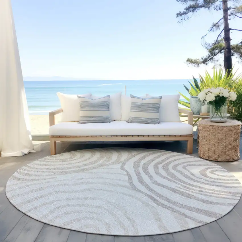 8' Ivory Beige And Khaki Round Abstract Washable Indoor Outdoor Area Rug Photo 6