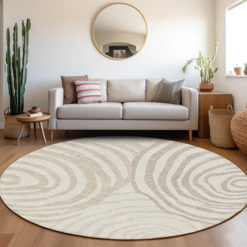 8' Ivory Beige And Khaki Round Abstract Washable Indoor Outdoor Area Rug Photo 7